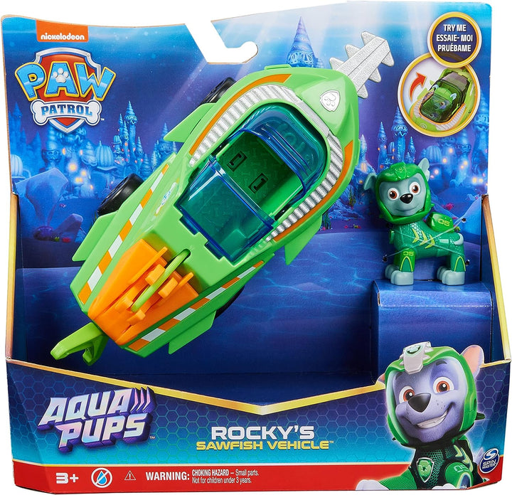 Paw Patrol Aqua Pups Rocky Transforming Sawfish Vehicle with Collectible Action Figure