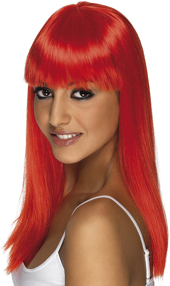 Smiffys Women's Long and Straight Neon Red Wig with Bangs, One Size, Glamourama Wig, 42163