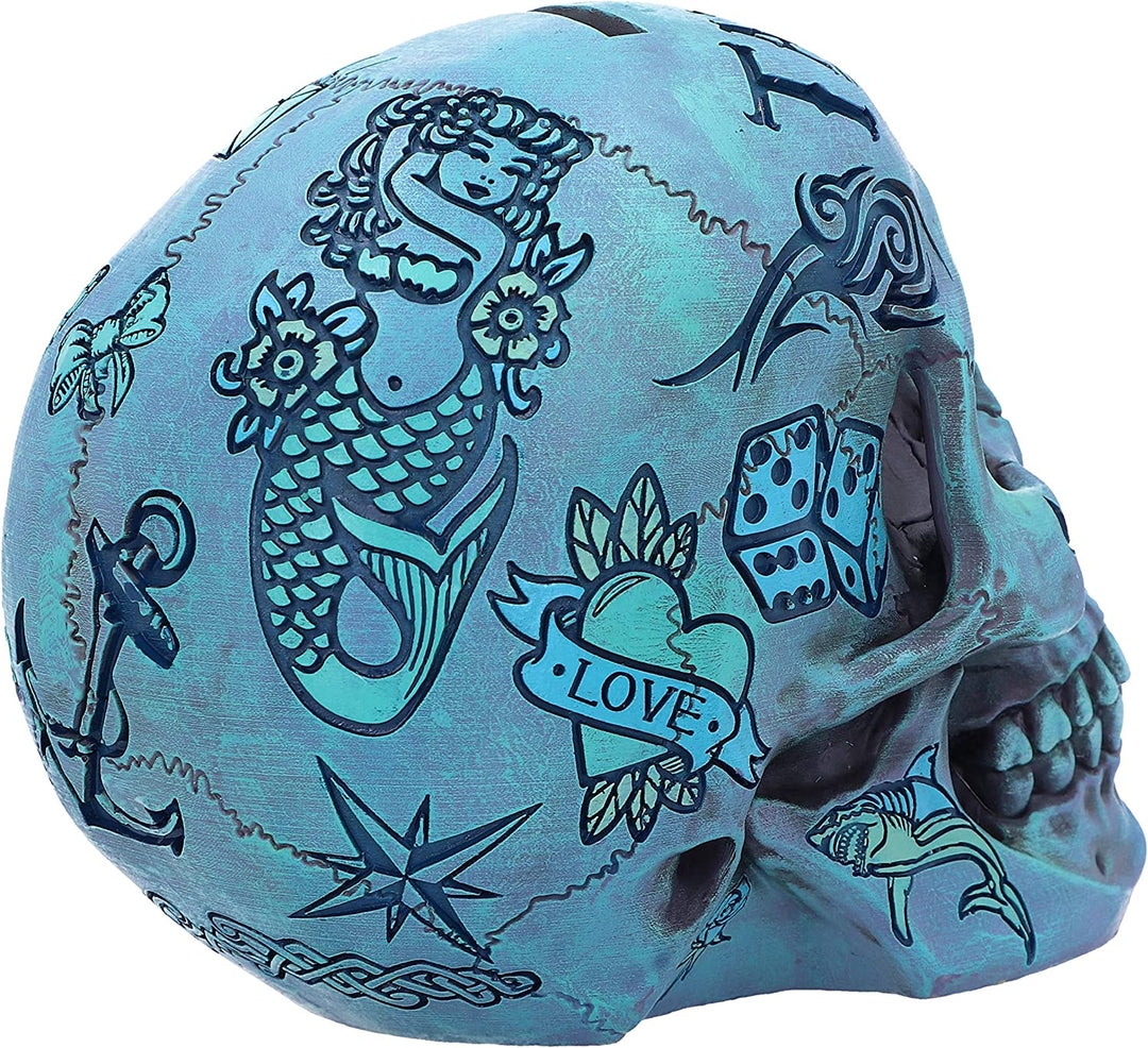 Nemesis Now Aqua Blue Traditional, Tribal Tattoo Fund Skull, Polyresin, One Size