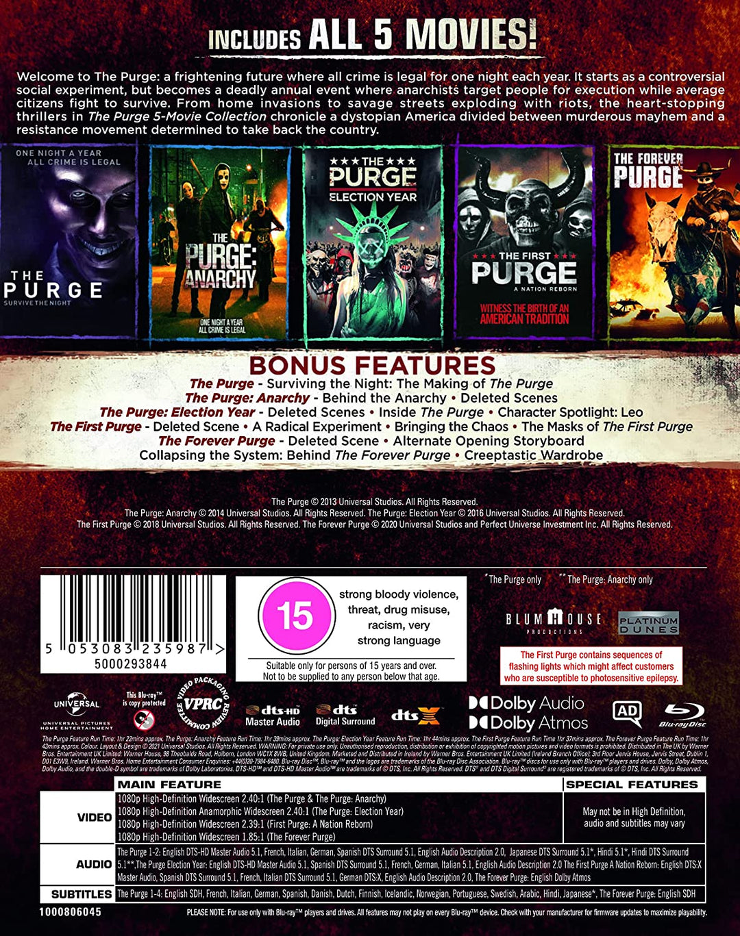 The Purge 1-5 [2021] [Region Free] - Horror/Thriller [Blu-ray]