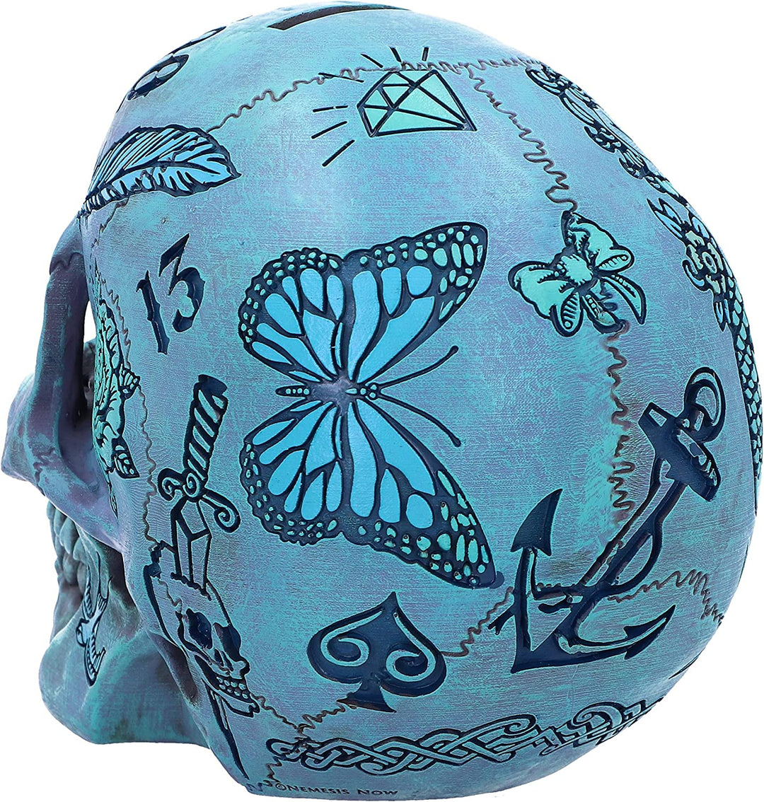 Nemesis Now Aqua Blue Traditional, Tribal Tattoo Fund Skull, Polyresin, One Size